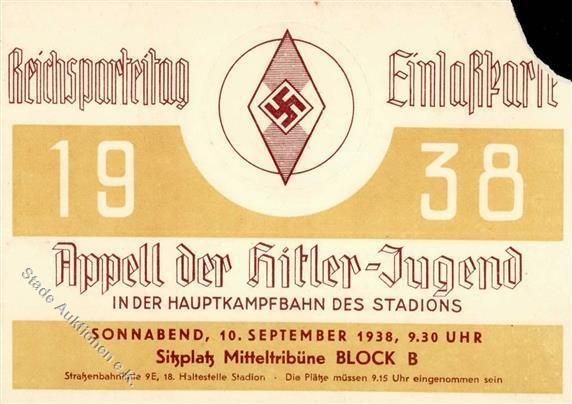 Reichsparteitag Nürnberg (8500) 1938 WK II Einlasskarte Apell Der Hitler-Jugend II (Ecke Fehlt) - War 1939-45