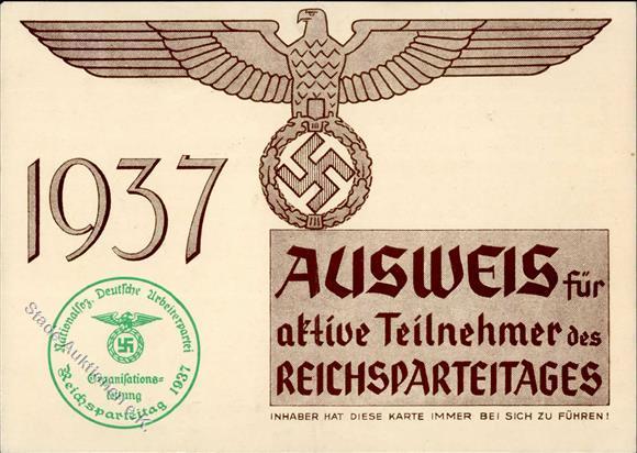 Reichsparteitag WK II Nürnberg (8500) 1937 Ausweis I-II (keine AK, Mittelbug) - Guerre 1939-45