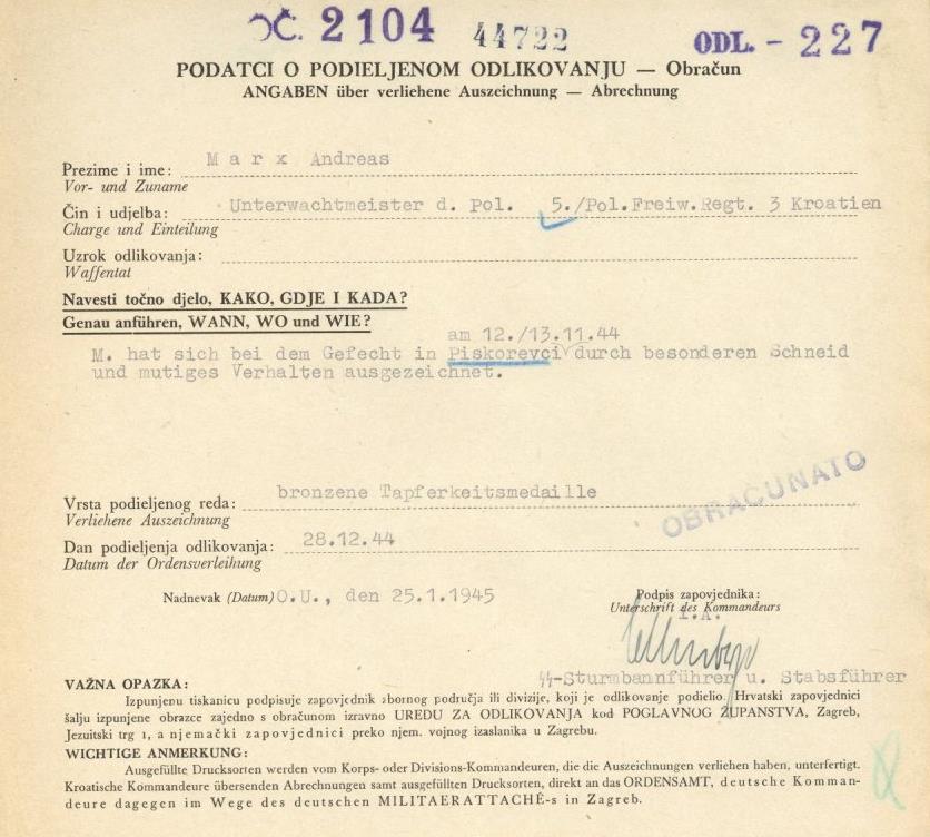 SS Verleihungsurkunde Kroatien Bronzene Tapferkeitsmedaille Unterschrift SS Sturmbandführer Uhlenberger I-II - Oorlog 1939-45