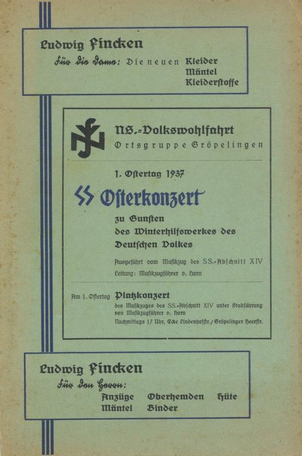 WHW - Klapp-Werbeblatt - NSV-Ortsgruppe GRÖPELINGEN - SS-Osterkonzert Zu Gunsten Des WHW 1937, Etwas Stockig, I-II - Oorlog 1939-45