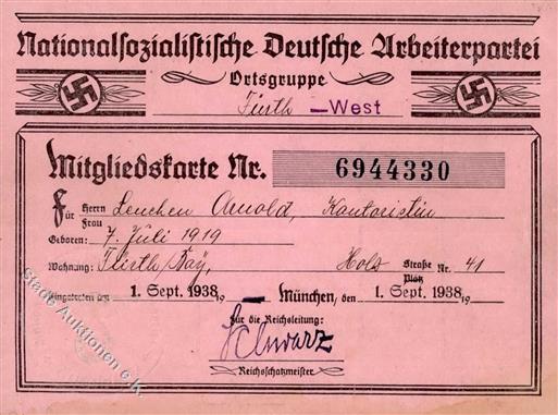 WK II Dokumente NSDAP Mitgliedskarte I-II - Oorlog 1939-45