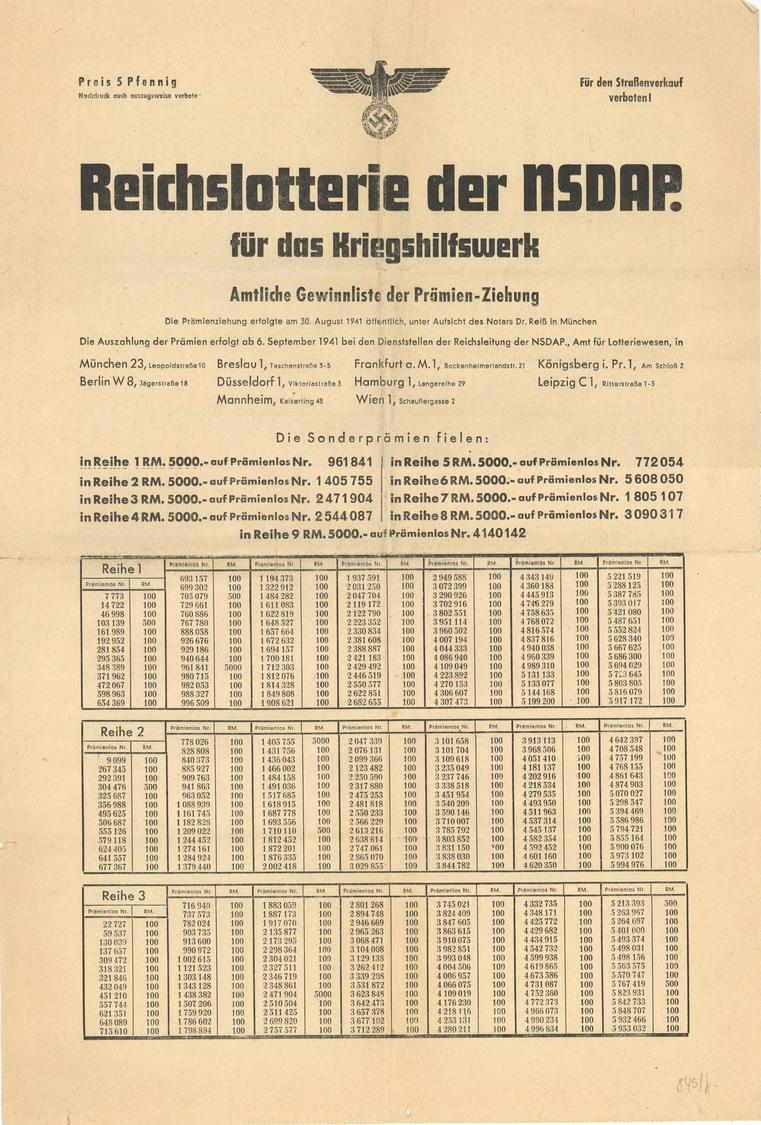 WK II Gewinnliste Der Reichslotterie Der NSDAP 32 X 47 Cm I-II (kleine Einrisse) - Oorlog 1939-45
