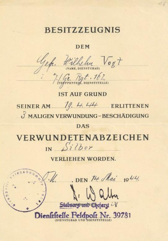 WK II MILITÄR - VERLEIHUNGSURKUNDE - VERWUNDETENABZEICHEN In SILBER 1944 -waager Gefaltet- - Oorlog 1939-45