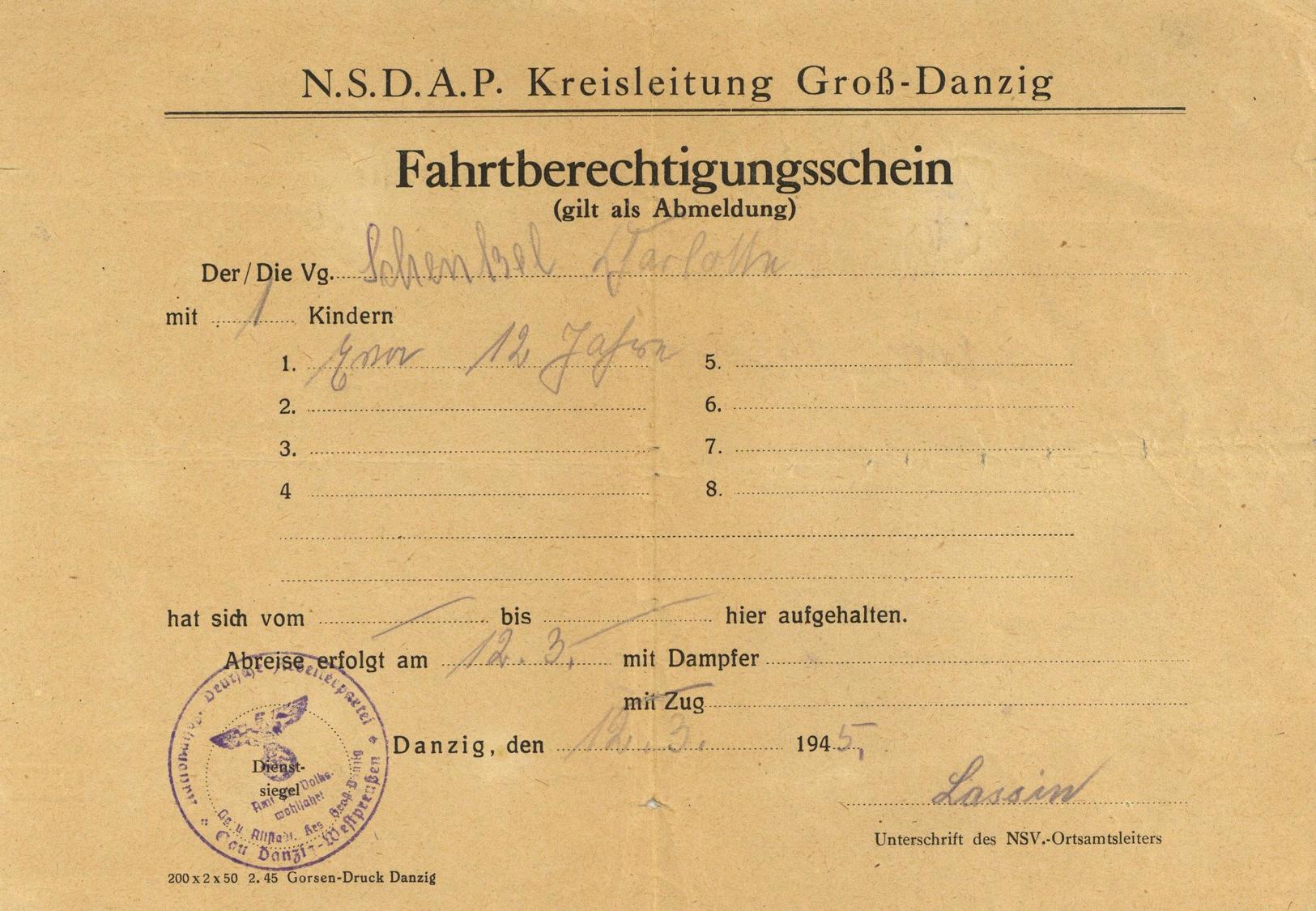 WK II NSDAP Kreisleitung Groß Danzig Fahrtberechtigungsschein I-II - Oorlog 1939-45