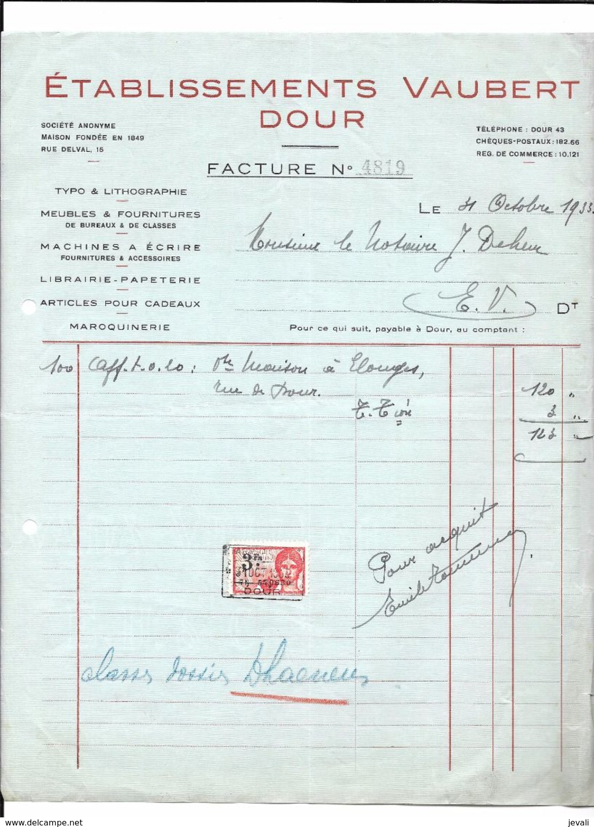 DOUR    Etabissement Vaubert  S.A.  1933 - Imprimerie & Papeterie