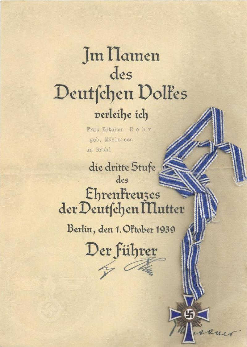 WK II Orden Ehrenkreuz Der Deutschen Mutter 3. Stufe Mit Verleihungsurkunde I-II - Zonder Classificatie