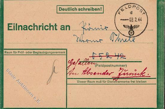 FELDPOST WK II - Grüne Eilnachrichtenkarte Berlin 8.2.44 I - Oorlog 1939-45