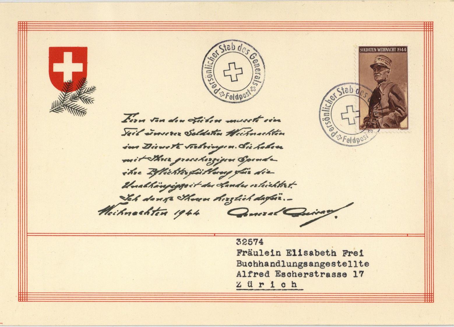 Feldpost WK II Schweiz Persönlicher Stab Des Generals Weihnachten 1944 I-II Noel - War 1939-45