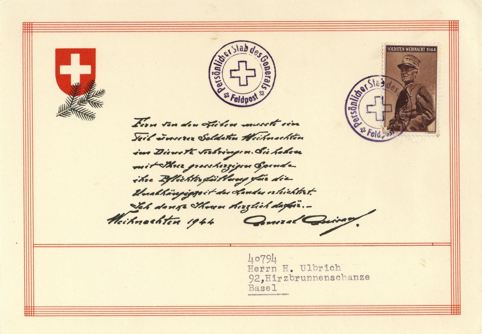 Feldpost WK II Schweiz Persönlicher Stab Des Generals Weihnachten 1944 I-II Noel - War 1939-45