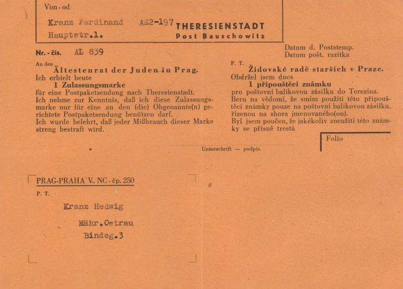 Judaika Theresienstadt Tschechien Bestätigung Post Zulassungsmarke I-II Judaisme - Giudaismo