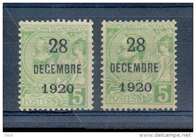 D- Monaco 1921, N° 48, 5c Vert, Baptême De La Princesse Antoinette, 2 Nuances, Curiosité: Surch Déplacée, **/mnh - Variétés