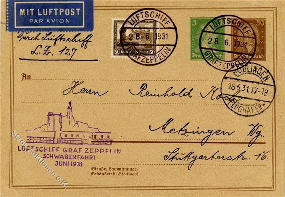 Zeppelin, 1931, Si.112Ab, Schwabenfahrt, BP 28.6.31", 50+5 Pf Männer Privat-Postkarte, Mit 50 Pf Nothilfe, Best.Stpl. +  - Luchtschepen