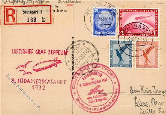 Zeppelin, 1932, Si.189C, 8.SAF, Anschlußflug Ab Stuttgart 9.10.32", R-Karte Mit 4 Marken, Alle Stpl., Leichte Alterspure - Luchtschepen