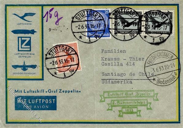 Zeppelin, 1933, Si.214Aa, 2.SAF, Aufgabe STUTTGART 2.6.33", Mit 4 Marken (25 Pf Bug), Auflieferung FN 3.6.33, Best. Stpl - Luchtschepen