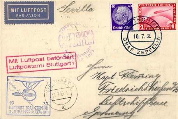 Zeppelin, 1933, Si.219D, 3.SAF, BP 10.7.33", Mit 2 Marken, Karte Mit Abgabe Sevilla 1933, Alle Stpl. I-II Nach Santiago" - Luchtschepen