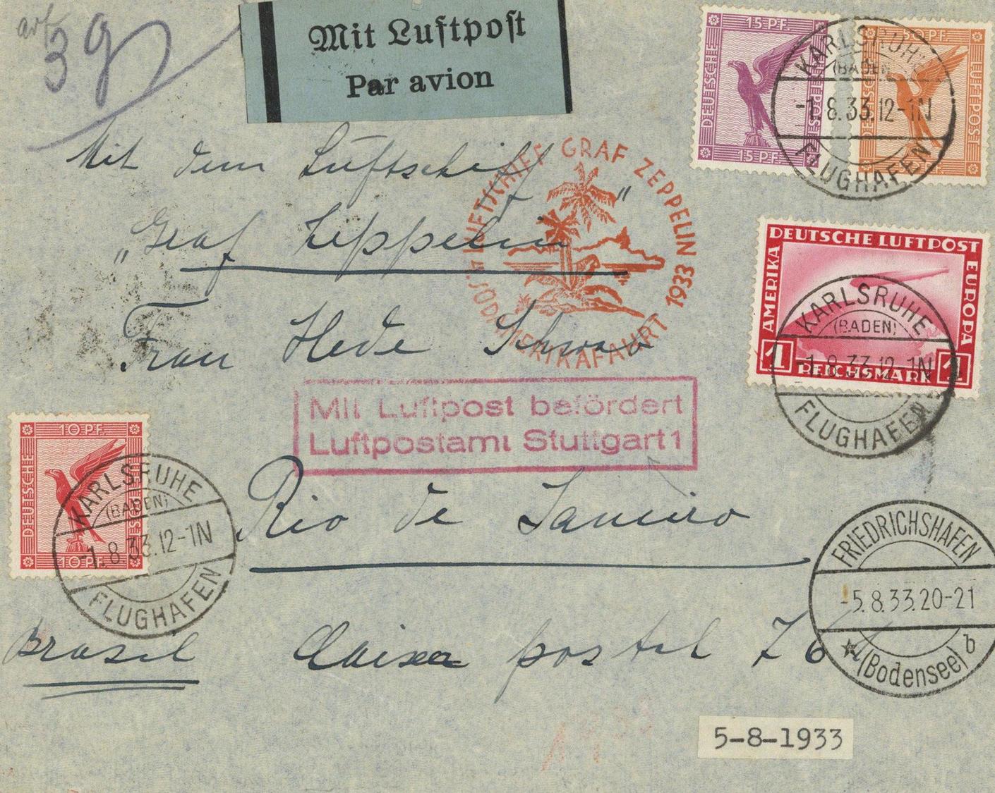 Zeppelin, 1933, Si.223A, 4.SAF, Aufgabe-DB KARLSRUHE 5.8.33", Mit 4 Marken, Auflieferung FN "5.8.33", Brief 3-seitig Geö - Dirigeables