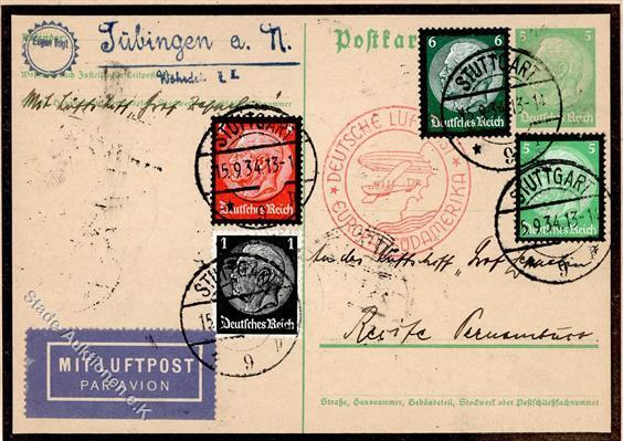 Zeppelin, 1934, Si.274Ba, 8.SAF, Anschlußflug Stuttgart, 9 Marken Auf 5 Pf Trauer-Postkarte (rs. 25 Pf Hindenburg Trauer - Luchtschepen