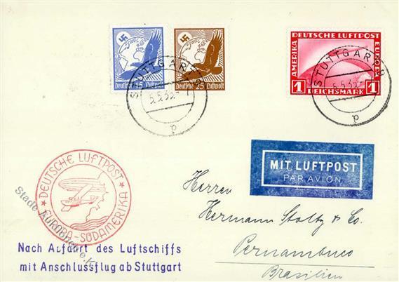 Zeppelin, 1935, Si.296Ba, 3.SAF, 3 Marken, K2 STUTTGART 5.5.35", Nachbringerflug Ab Stuttgart, Karte Nach Pernambuco I-I - Dirigeables