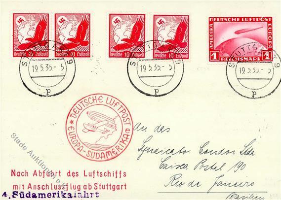 Zeppelin, 1935, Si.299Ba, 4.SAF, 5 Marken, K2 STUTTGART 19.5.35", Nachbringerflug Ab Stuttgart, Karte Nach Rio I-II" Dir - Dirigibili