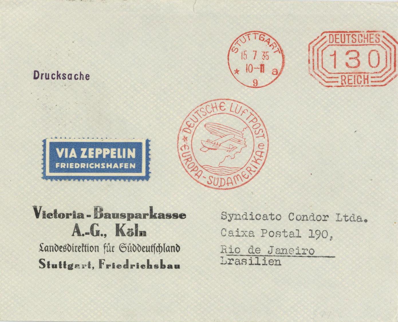 Zeppelin, 1935, Si.311B, 8.SAF, Drucksachenbrief, Freistempler STUTTGART 15.7.35", Best.Stpl. "e", Nach Rio I-II" Dirige - Zeppeline