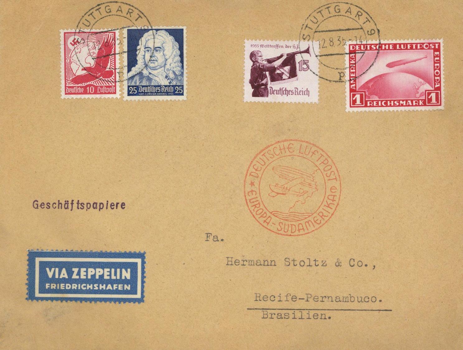 Zeppelin, 1935, Si.315B, 10.SAF, 4 Marken, K2 STUTTGART 12.8.35", Best.Stpl. "e", Auf Umschlag "Geschäftspapiere", Rs. P - Luchtschepen