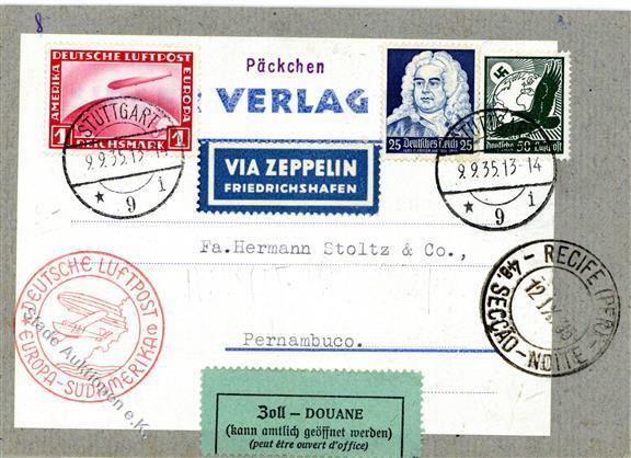 Zeppelin, 1935, Si.319B, 12.SAF, Päckchenadressaufkleber Mit 3 Marken, DB STUTTGART 9.9.35", Best.Stpl. "e", Ak-K2 "RECI - Dirigibili