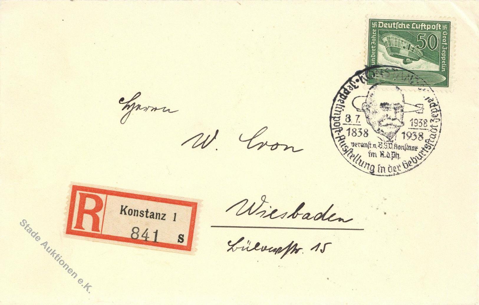 Zeppelinpost Lot Mit 2 Briefen 1938, DR, KONSTANZ Zeppelinpost-Ausstellung 8.7.38", SST, Auf Brief Mit 25 Pf, Bzw. R-Bri - Luchtschepen