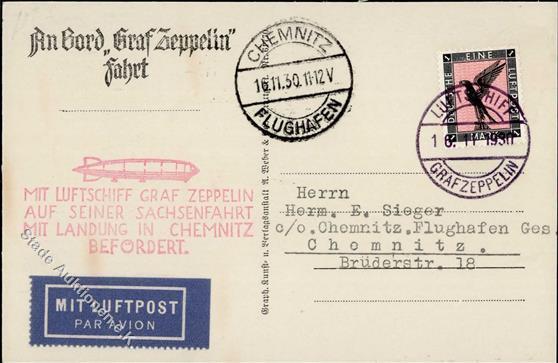ZEPPELINPOST Sieger 100 Ab - Zeppelinkarte CHEMNITZFAHRT 1930 - Bordpost Mit DR 382 EF I - Dirigibili