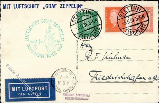ZEPPELINPOST Sieger 106 Ba - Zeppelinkarte POMMERNFAHRT 1931 - Stettin-Friedrichshafen I - Luchtschepen
