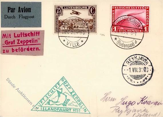 ZEPPELINPOST Sieger 113 A - Zeppelinkarte ISLANDFAHRT 1931 - Zuleitungspost LUXEMBURG - MIF Mit DR, Sieger 375.- I - Dirigibili