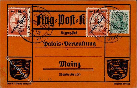 FLUGPOST RHEIN-MAIN 1912 - GELBER HUND 2x Mit O Darmstadt 18.6.12", Sieger 13a , 560.- I" - Luchtschepen
