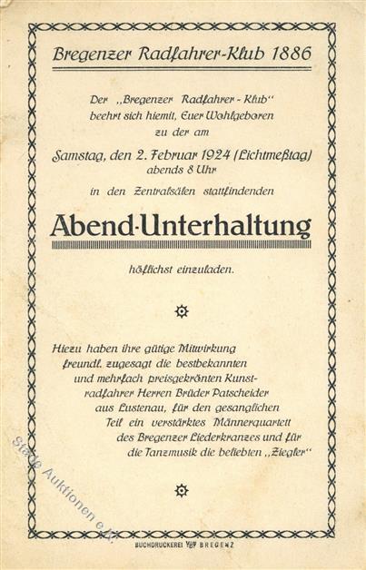 Fahrrad Bregenz (6900) Österreich Abend Unterhaltung Programm Klapp AK I-II (fleckig) Cycles - Autres & Non Classés