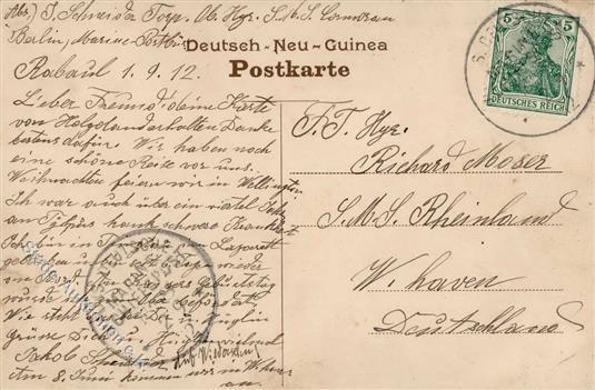 Kolonien DEUTSCH-NEUGUINEA - O MSP 8, 2.9.12", Abs. SMS CORMORAN Auf Eingeborenen-Ak I-II" Colonies - Zonder Classificatie