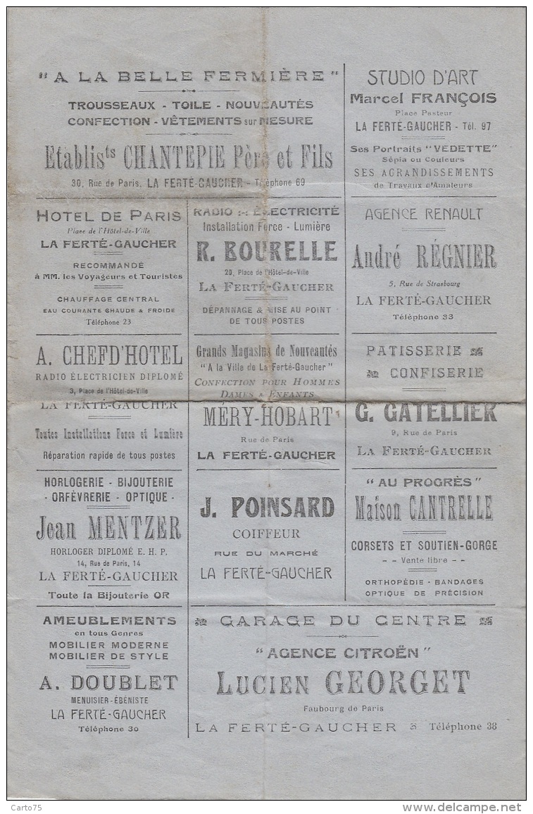 Programme - Gala La Ferté-Gaucher Février 1944 - Théâtre Labiche - Prisonnier - Publicité Magasins Bijouterie Citroën - Programma's