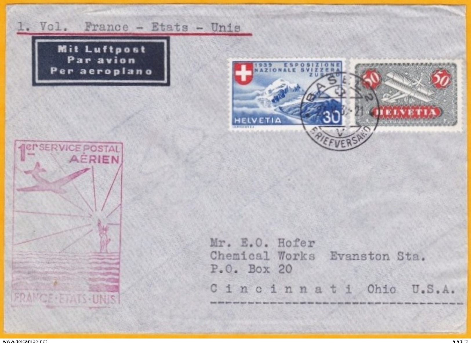 1939 - Enveloppe Par Avion De  Bâle, Basel, Suisse  Vers Cincinnati, Ohio, USA Par 1er Vol France-Etats-Unis - Eerste Vluchten