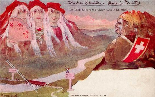Berggesichter Sign. Hansen Die Drei Schwestern U. Abrier Im Rheintal Künstler-Karte I-II (fleckig) Face à La Montagne - Vertellingen, Fabels & Legenden