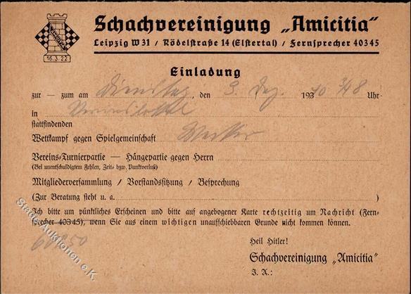 SCHACH - Einladung D. SCHACHVEREINIGUNG AMICITIA LEIPZIG 1940 I-II - Schaken
