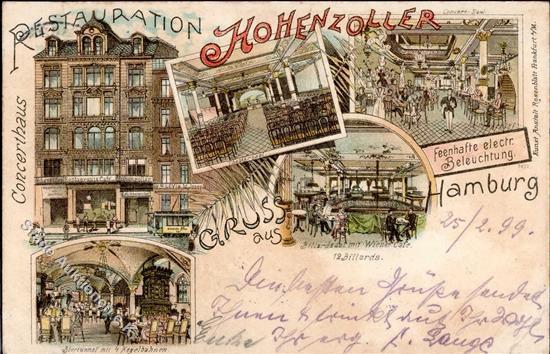 Hamburg (2000) Gasthaus Hohenzller Straßenbahn Billard  Lithographie 1899 II (fleckig VS/RS) - Verzamelingen (zonder Album)