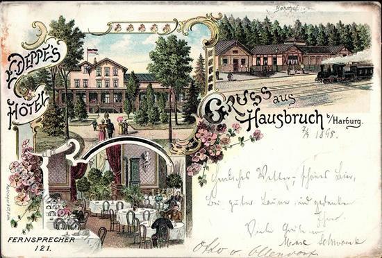 Hausbruch (2000) Bahnhof Eisenbahn Hotel F. Deppes Lithographie 1898 II (Ecken Abgestoßen) Chemin De Fer - Verzamelingen (zonder Album)