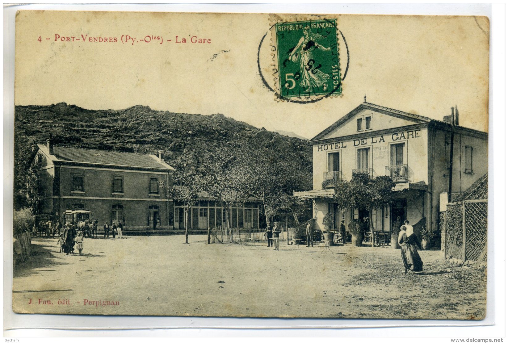 66 PORT VENDRES Commerce HOTEL De La GARE Anim PLace 1913 écrite Timb - Num 4 Edit J Frau    /D16-2017 - Port Vendres