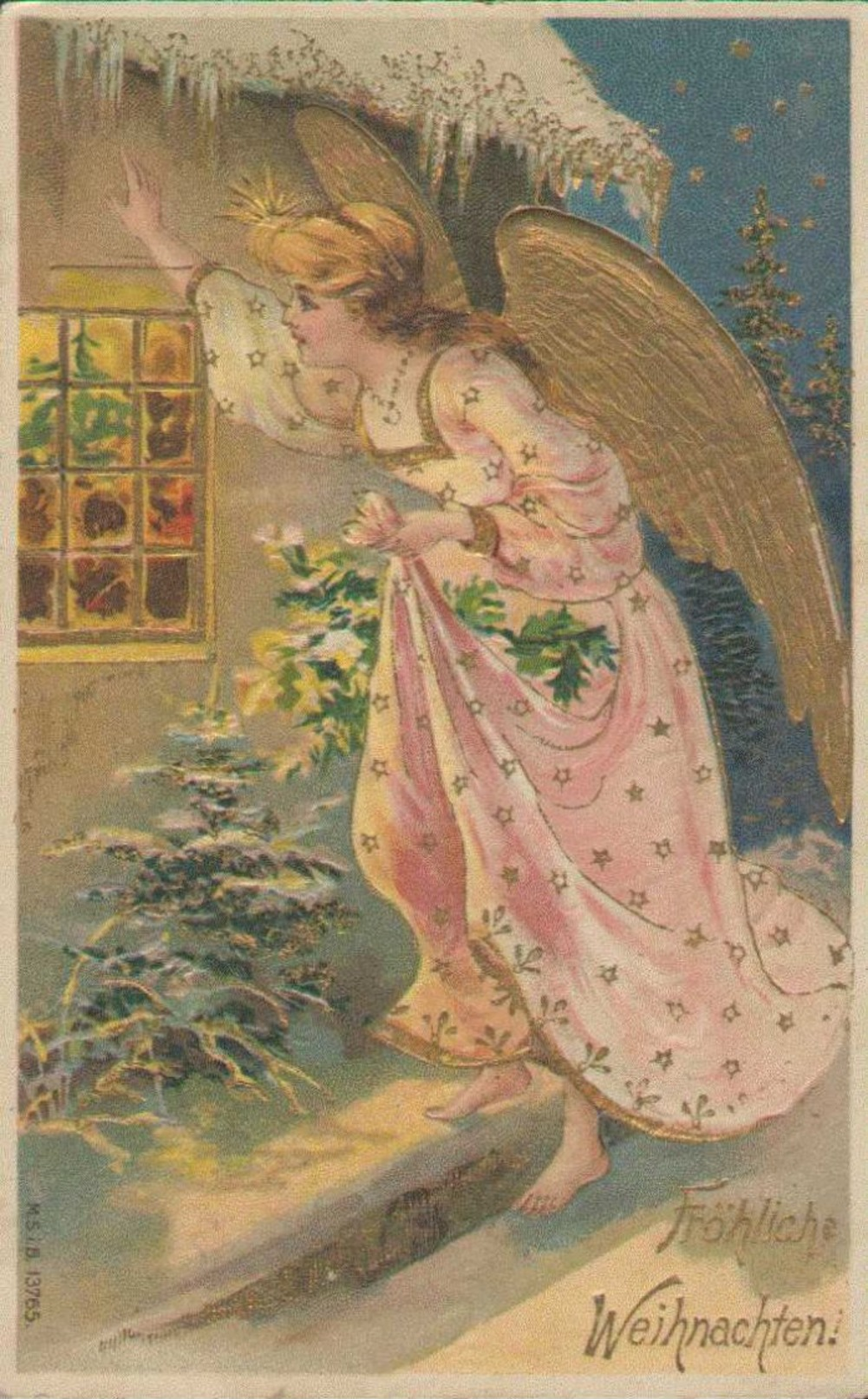 Fröhliche Weihnachten, Engel Am Fenster, Künstler-Gold-Präge-Postkarte, Feiern & Feste - Sonstige & Ohne Zuordnung