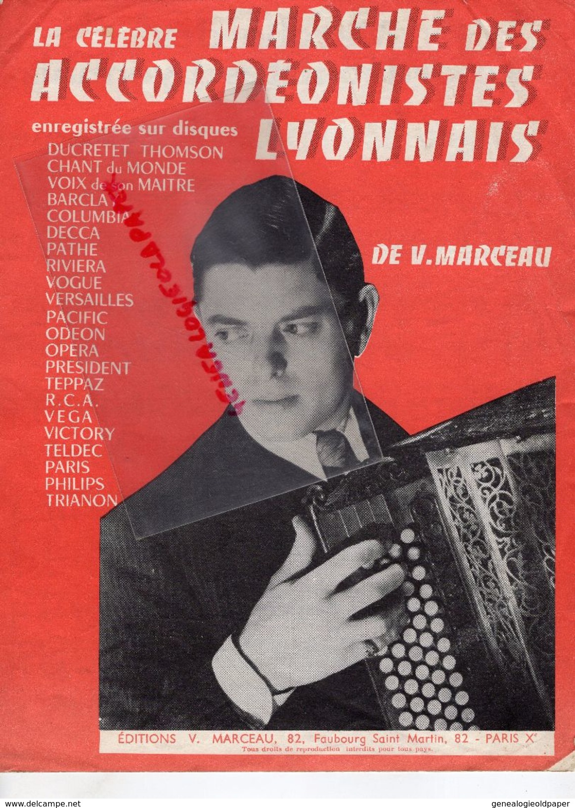 69- LYON-PARTITION MUSIQUE MARCHE ACCORDEONISTES LYONNAIS-ACCORDEON-EDITIONS V.MARCEAU-PARIS - Scores & Partitions