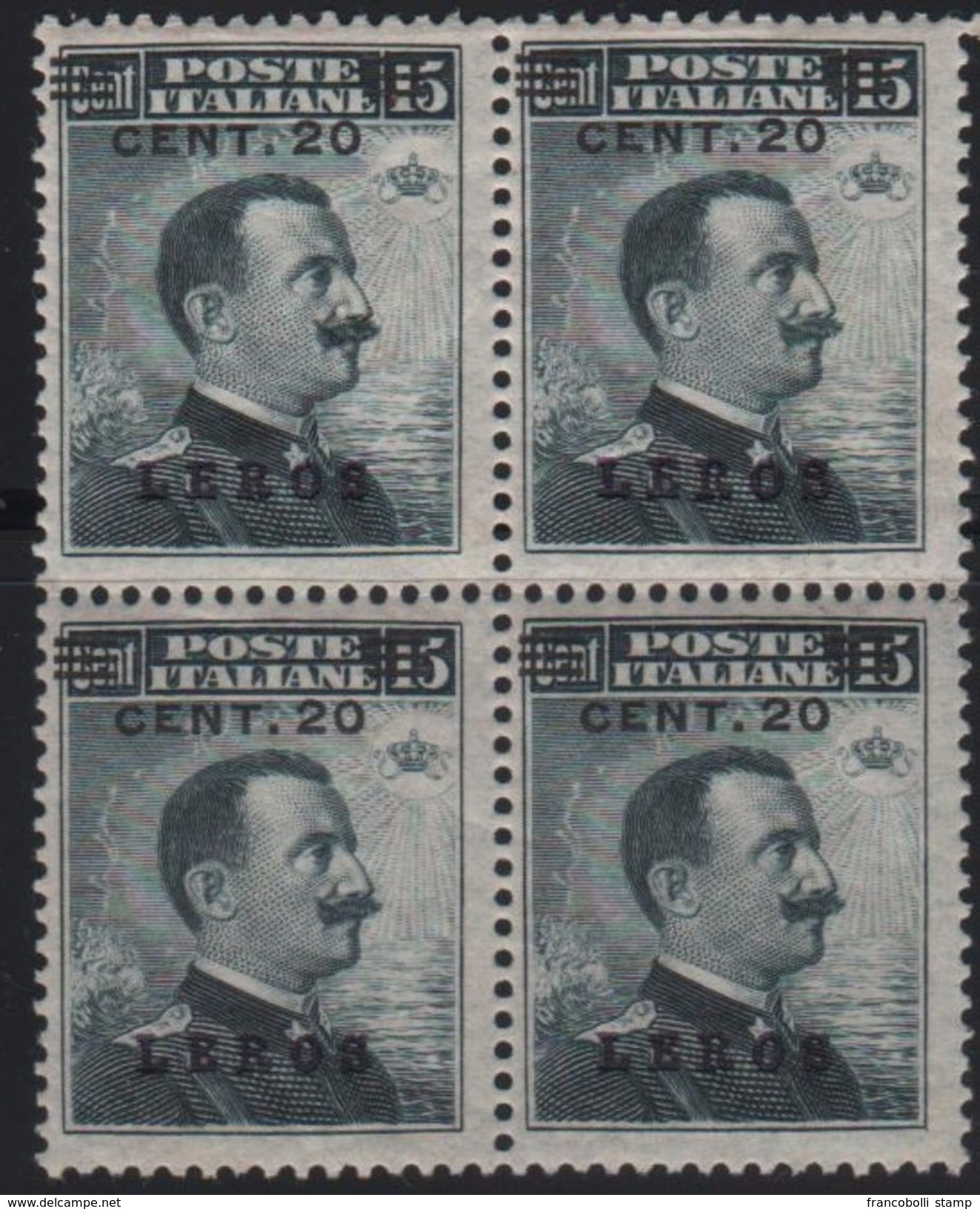 1916 Egeo Lero Leros 20 C. Su 15 C. MNH Quartina - Aegean (Lero)