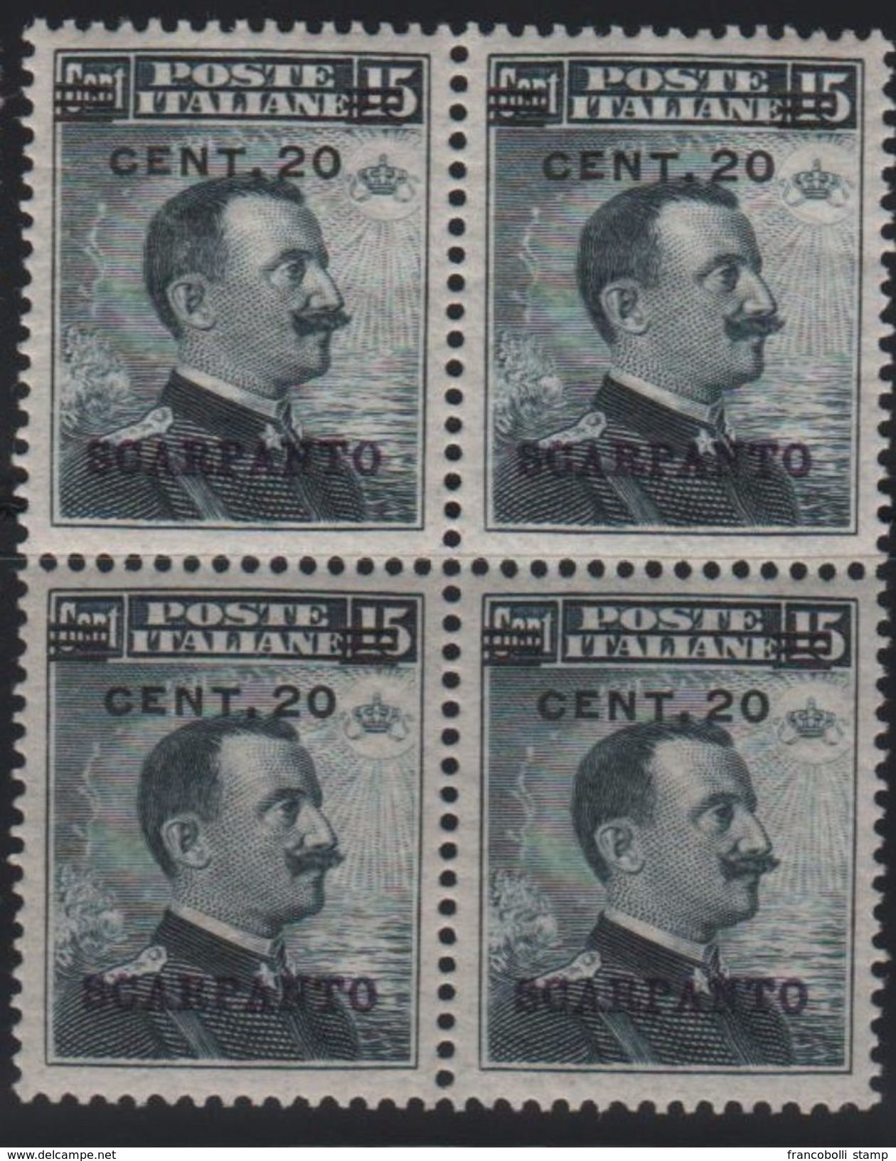 1916 Egeo Scarpanto 20 C. Su 15 C. MNH Quartina - Egeo (Scarpanto)