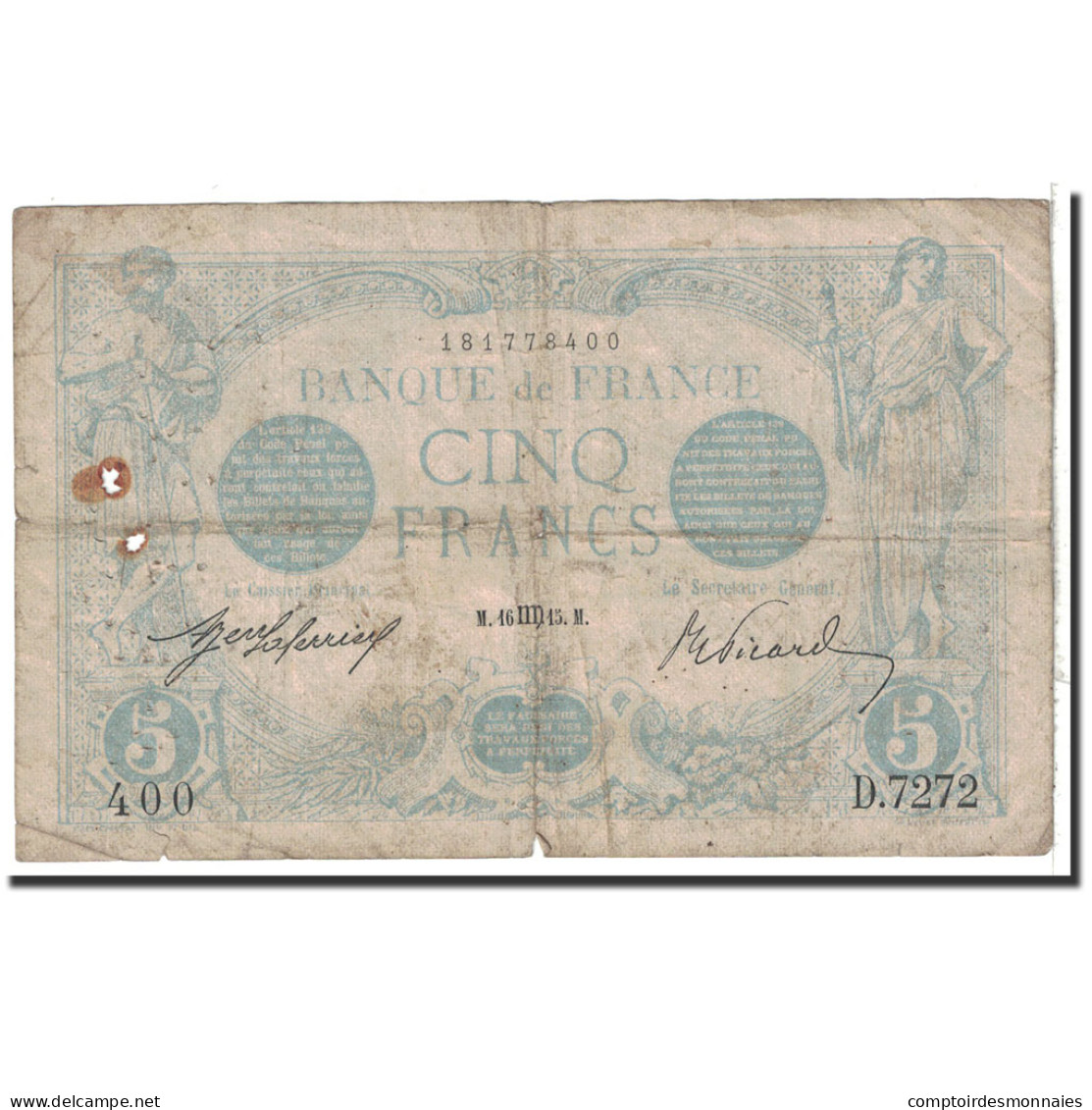 Billet, France, 5 Francs, 1915, 1915-08-16, B, Fayette:2.30, KM:70 - 5 F 1912-1917 ''Bleu''