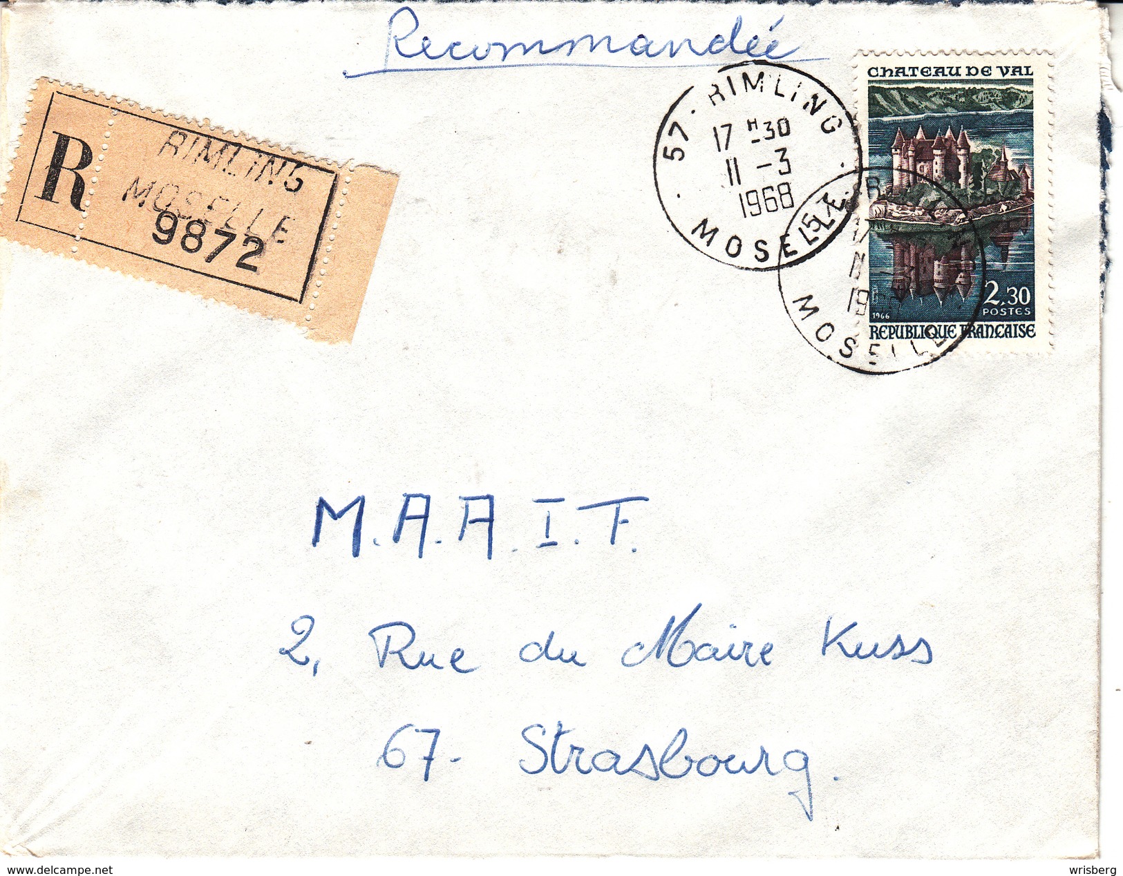 Env Reco Affr Y&T 1506 Obl RIMLING Du 11.3.1968 Adressée à Strasbourg - Cartas & Documentos