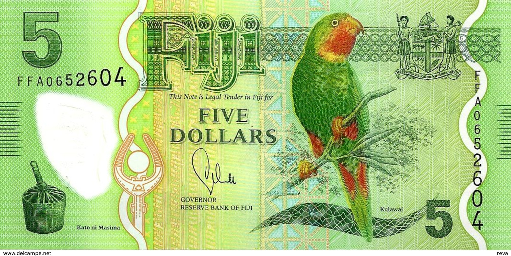 FIJI $5 GREEN  PARROT BIRD FRONT IGUANA LIZARD BACK POLYMER ND(2013) P.115 UNC READ DESCRIPTION !! - Fidji