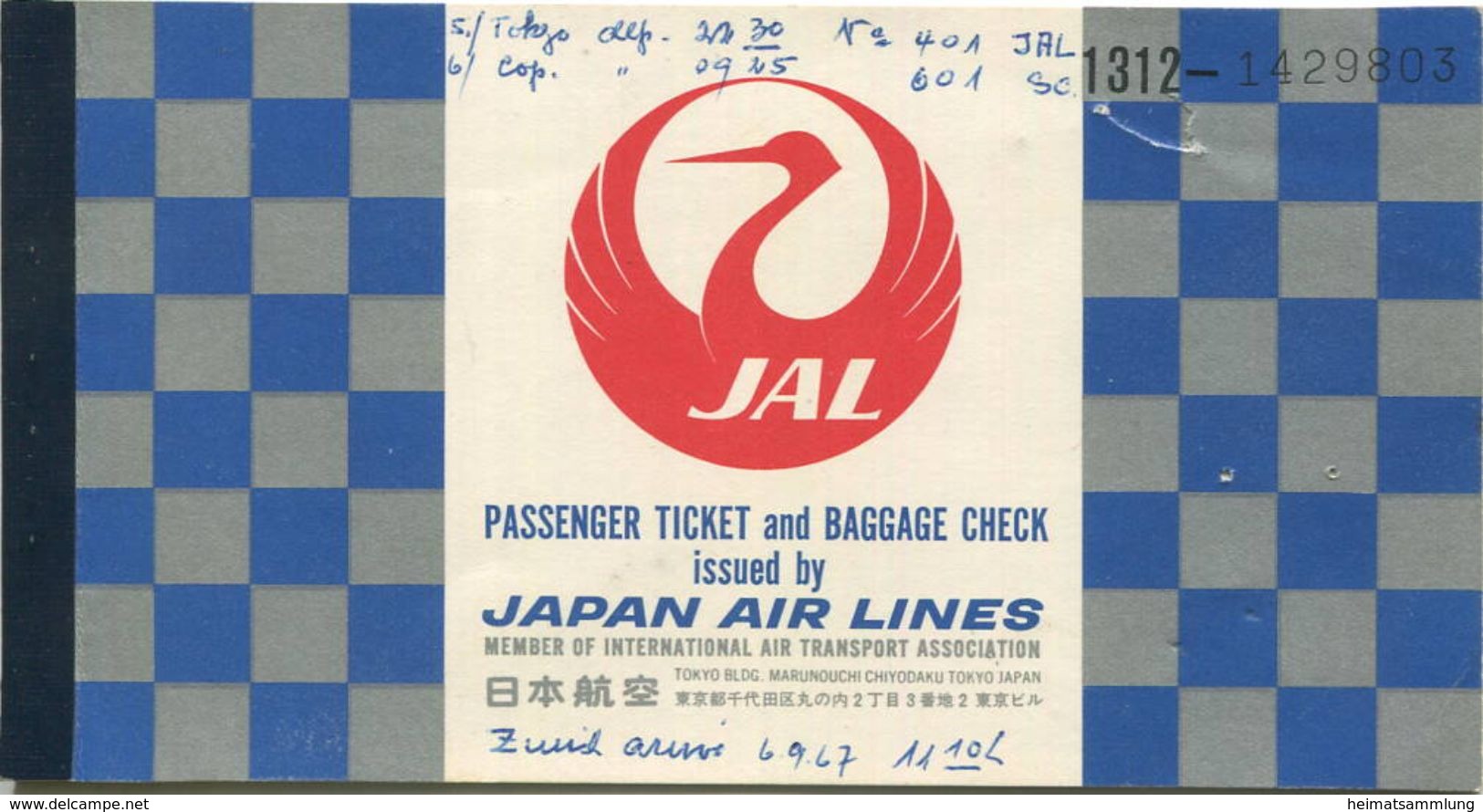 JAL Japan Air Lines 1967 Tokyo Kopenhagen Zürich - Europa