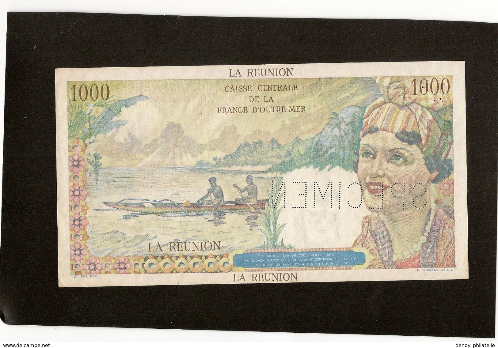 Billet Réunion 1000 Francs La Bourbonnais  Spécimen SPL  Juste Des Trous Dépingle RRR - Reunion