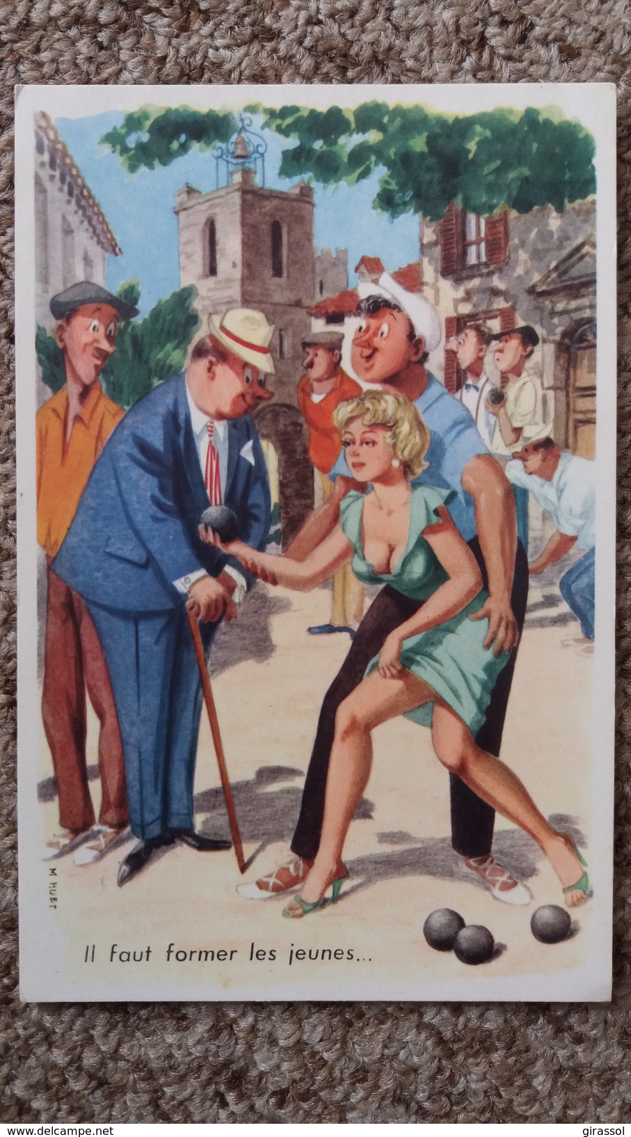 CPSM PETANQUE JEUX JOUEUR DE BOULES ILLUSTRATEUR  M HUET  IL FAUT FORMER LES JEUNES FEMME SEXY - Petanca